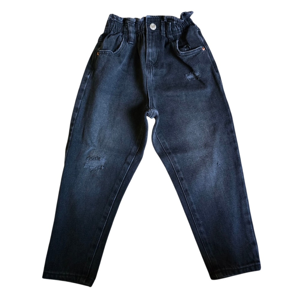 Zara Kids Girls Distressed Black Denim Paperbag Waist‎ Jeans Size 4-5 Years